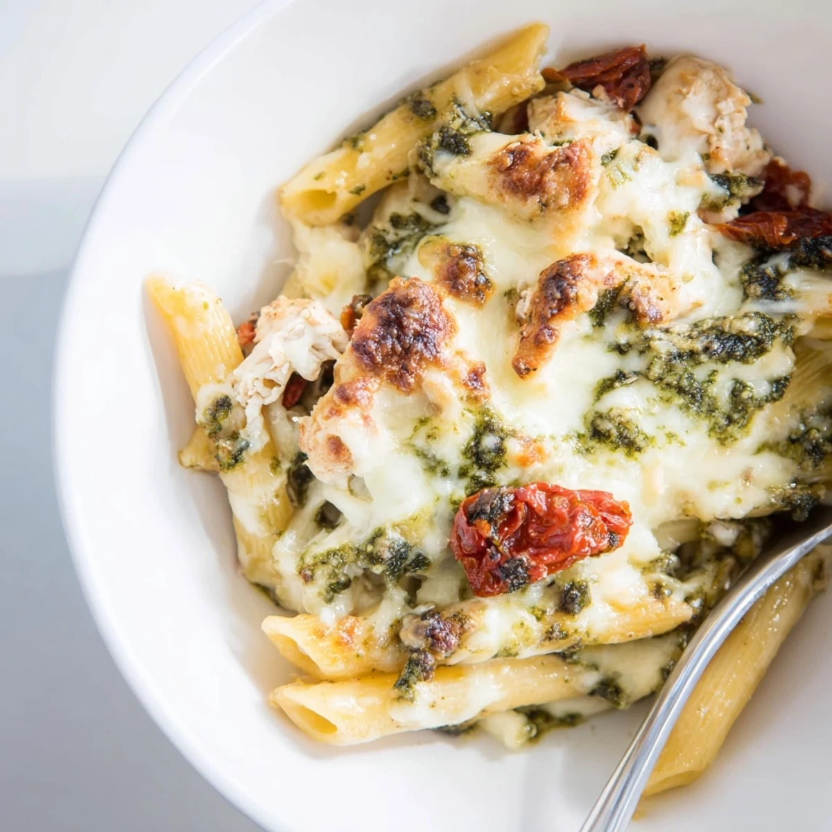 Steaming serving of pesto chicken pasta bake with stretchy cheese and pesto drizzle