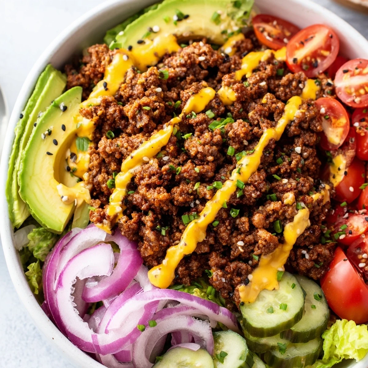 Hearty burger bowls topped with savory ground beef and drizzled with sauce