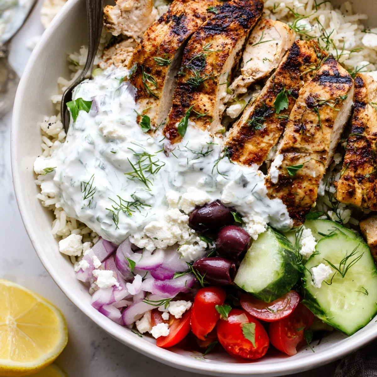 Juicy herbed Greek Chicken Bowls with crisp cucumbers, tomatoes, and creamy tzatziki over fluffy rice.
