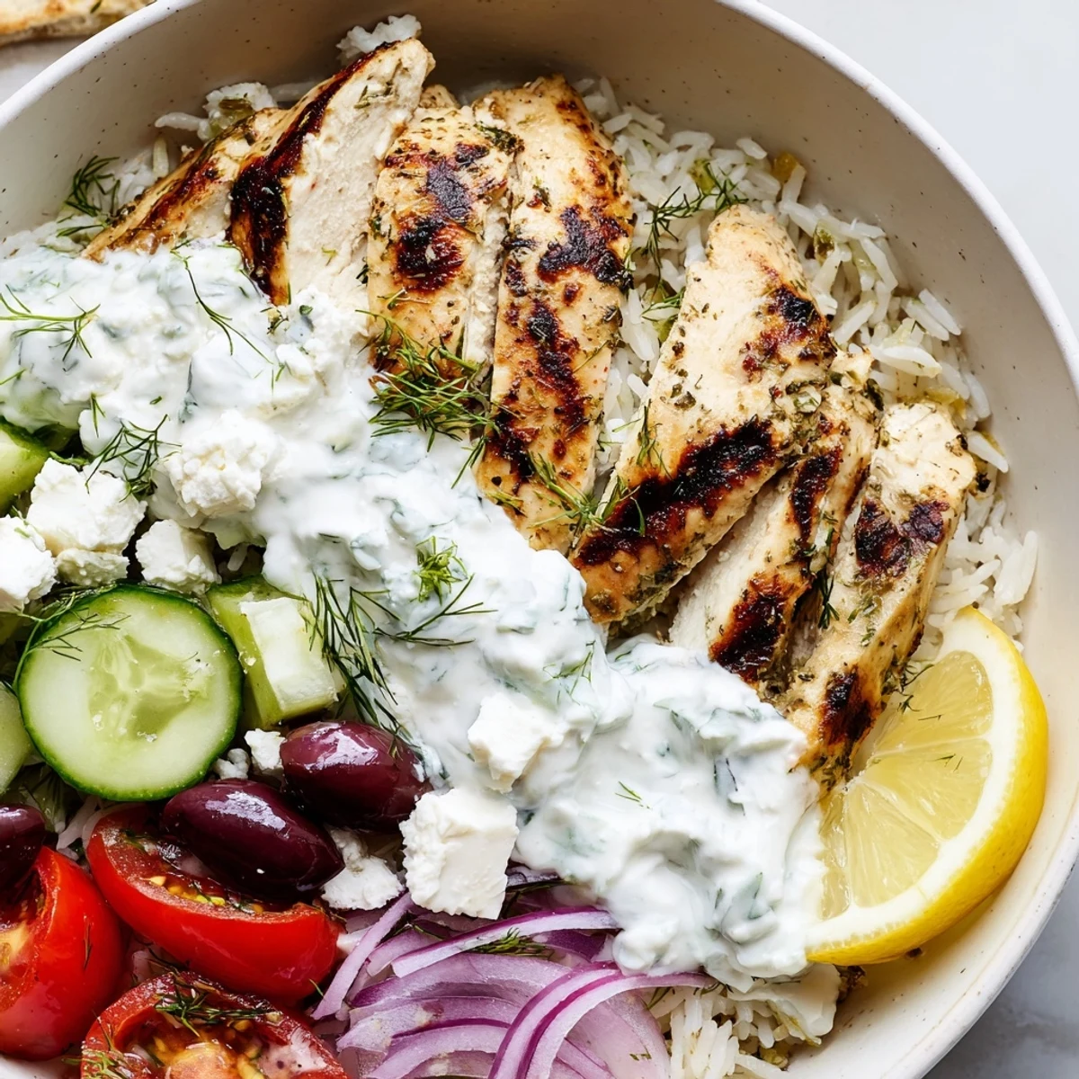 Colorful Greek Chicken Bowls piled high with grilled meat, feta, olives, and cool tzatziki sauce.