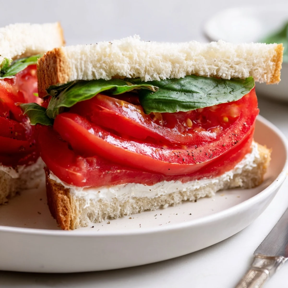 Classic tomato sandwich layered with thick slices and fragrant basil leaves