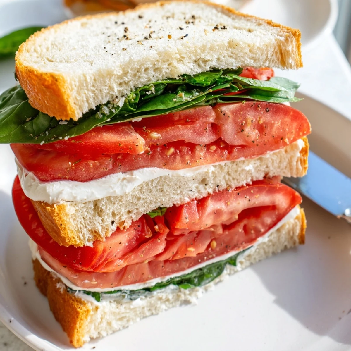 Crisp golden bread holds ripe tomato slices in this refreshing tomato sandwich