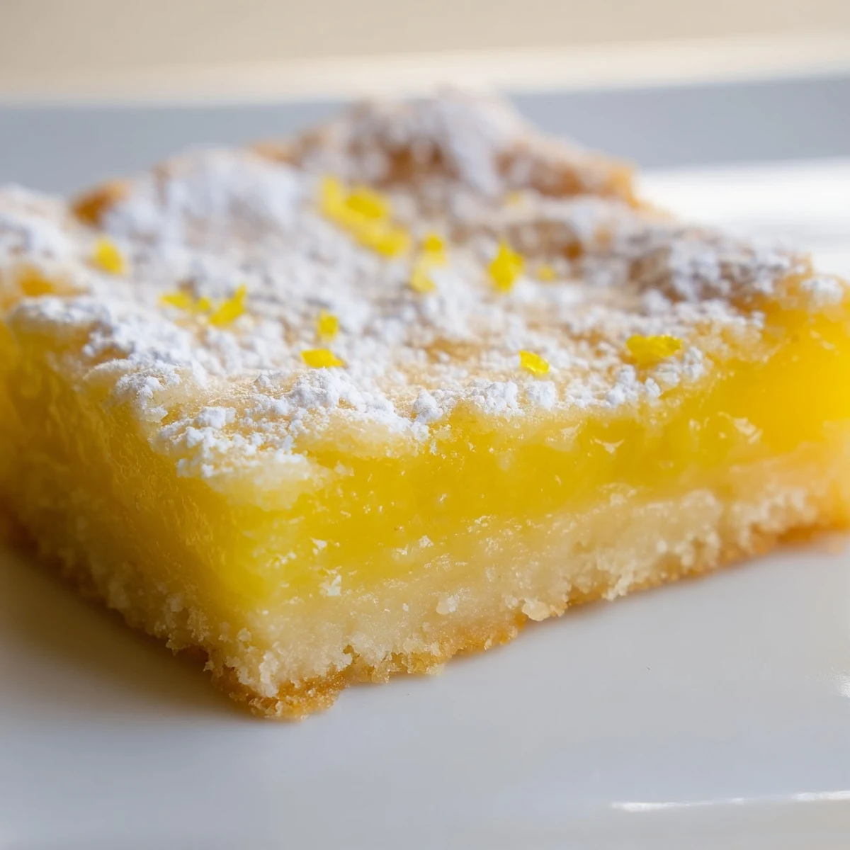 Golden simple lemon bars with powdered sugar on a rustic cutting board