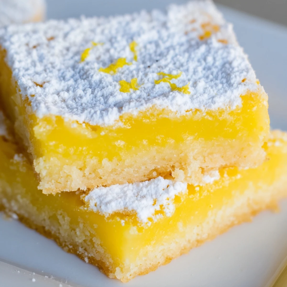 Simple lemon bars sliced into neat squares topped with snowy powdered sugar