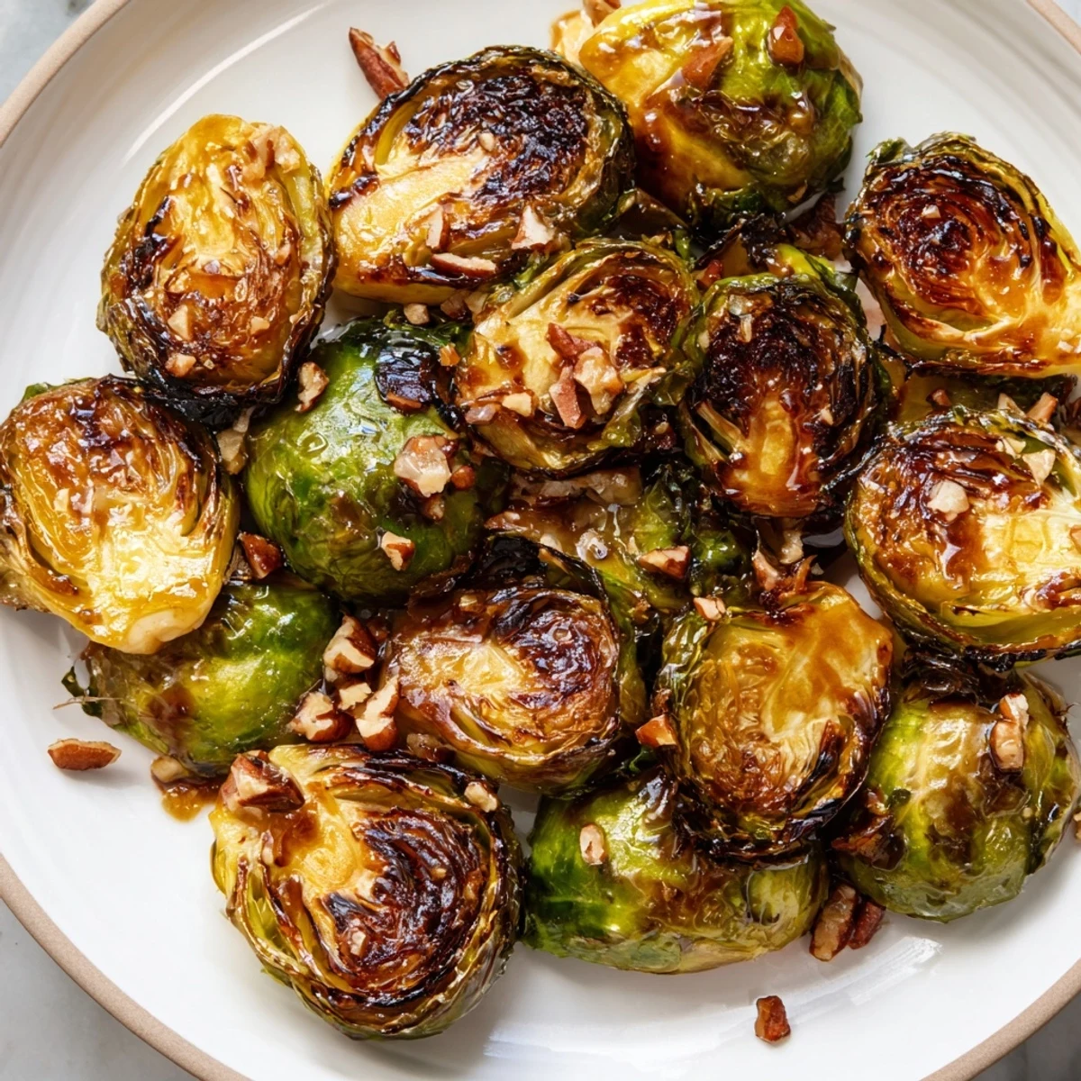 Golden honey balsamic Brussels sprouts roasted crispy and drizzled with sweet glaze