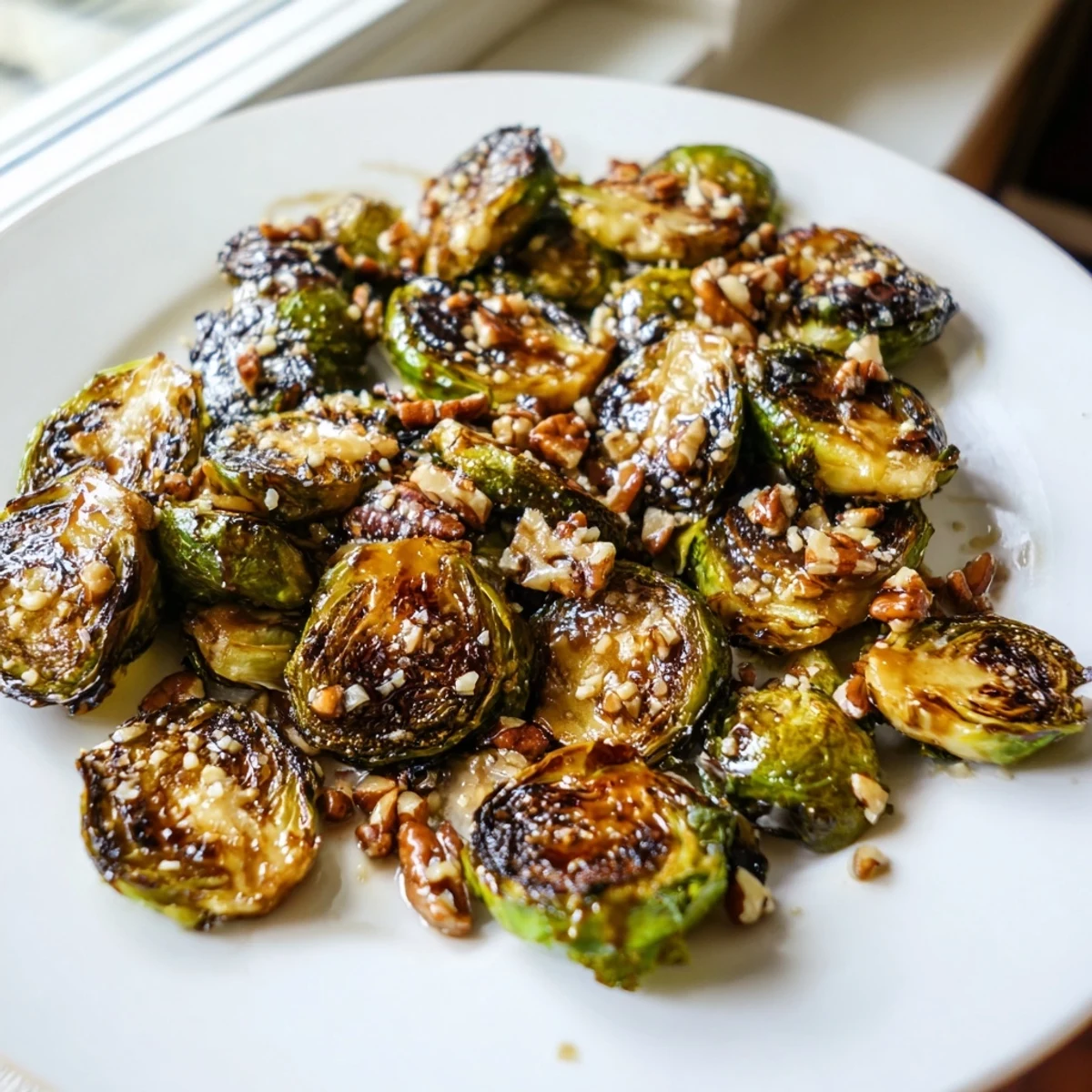 Caramelized honey balsamic Brussels sprouts with charred edges on a parchment-lined baking sheet