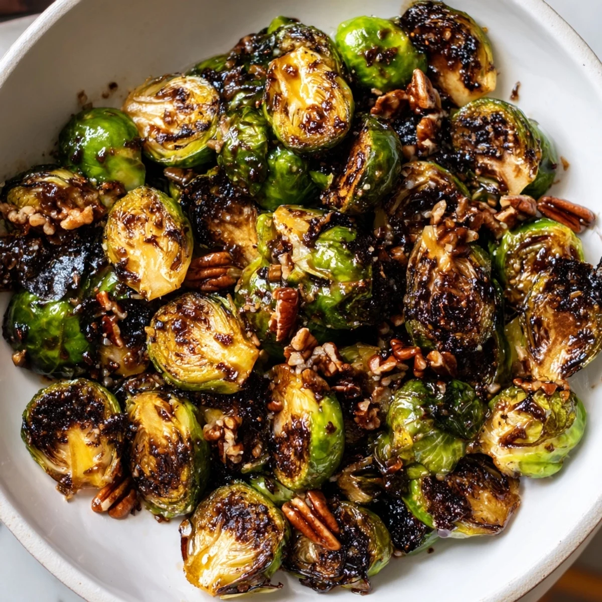 Honey balsamic Brussels sprouts garnished with toasted pecans and Parmesan in a white dish