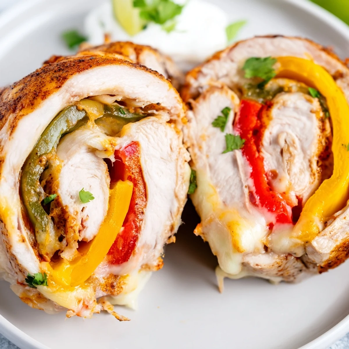 Golden baked chicken fajita roll ups sliced open revealing melted cheese and colorful peppers