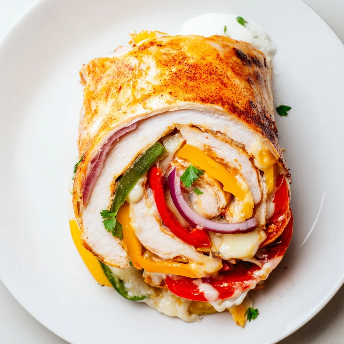 Juicy baked chicken fajita roll ups garnished with fresh cilantro and lime wedges