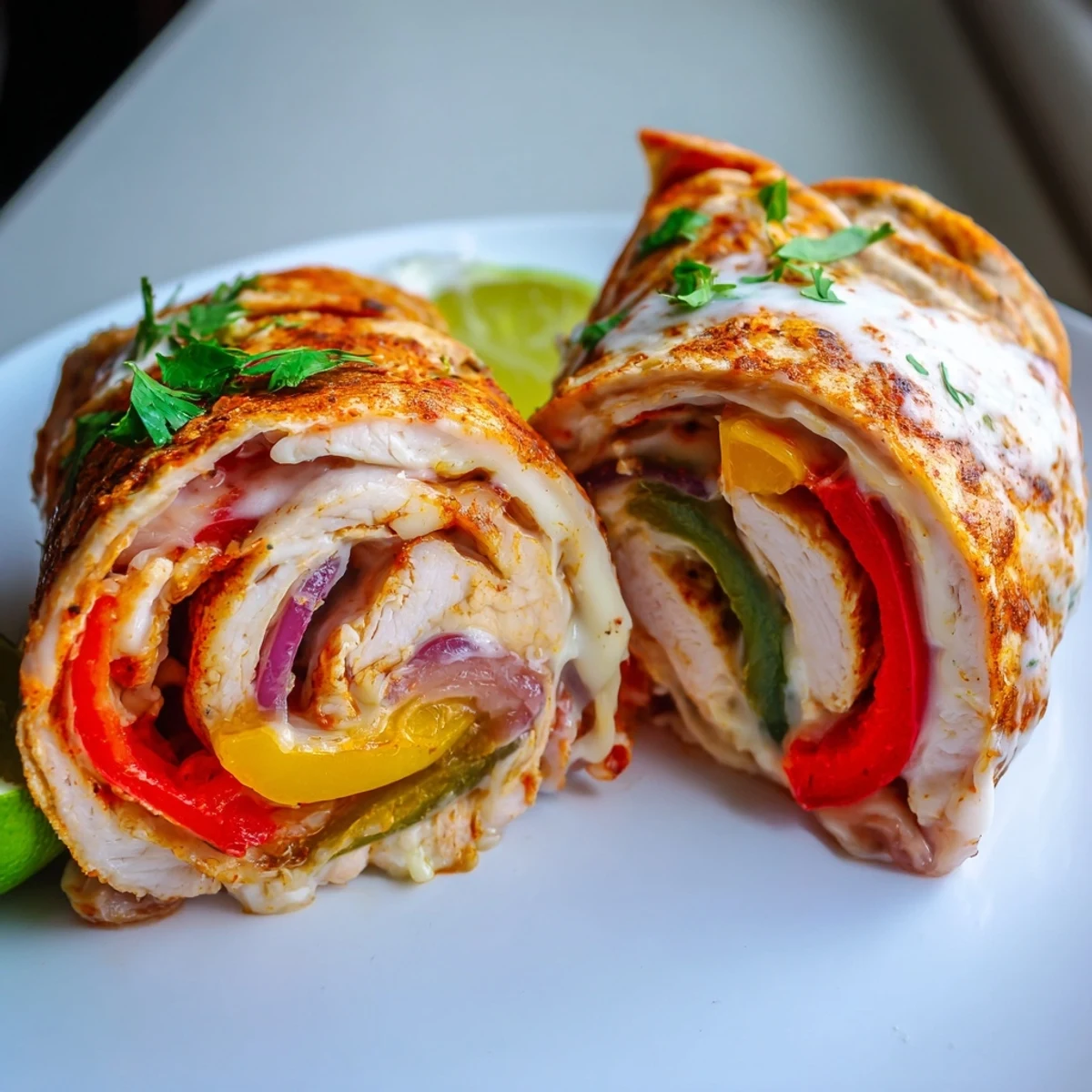 Cheesy baked chicken fajita roll ups resting in a dish with bubbling edges