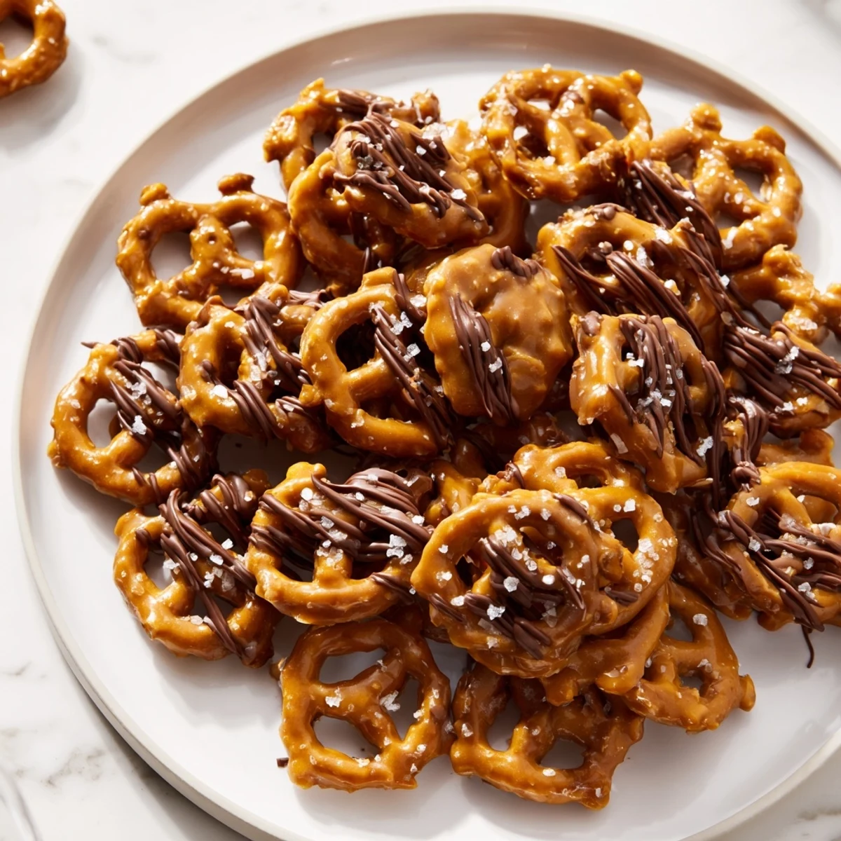 Golden butter toffee pretzels glistening with a rich chocolate drizzle on parchment paper