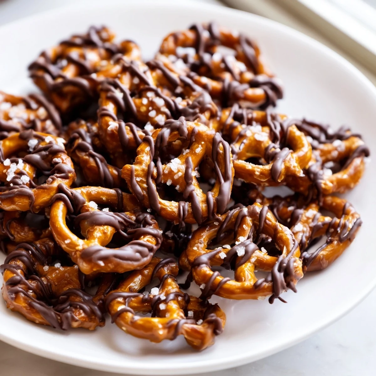 Crunchy caramel-coated butter toffee pretzels arranged in a sweet and salty snack pile