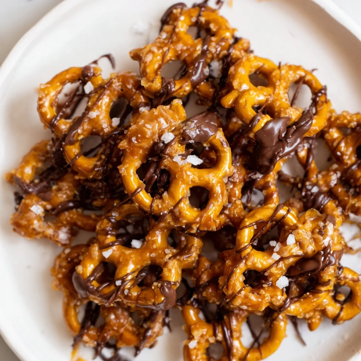 Warm butter toffee pretzels twisted in glossy caramel coating topped with flaky sea salt
