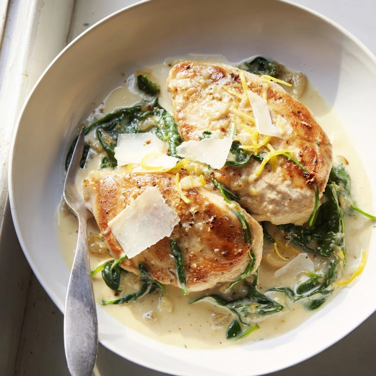 Golden seared Lemon Parmesan Spinach Chicken nestled in a creamy, vibrant green skillet sauce