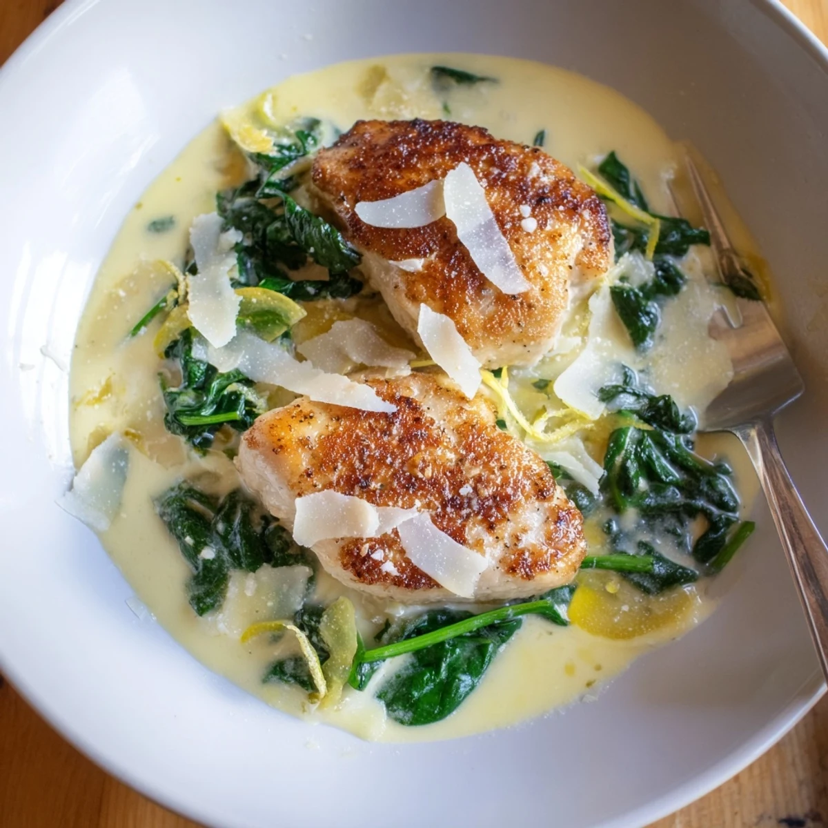 Juicy Lemon Parmesan Spinach Chicken plated over wilted greens with a zesty lemon finish