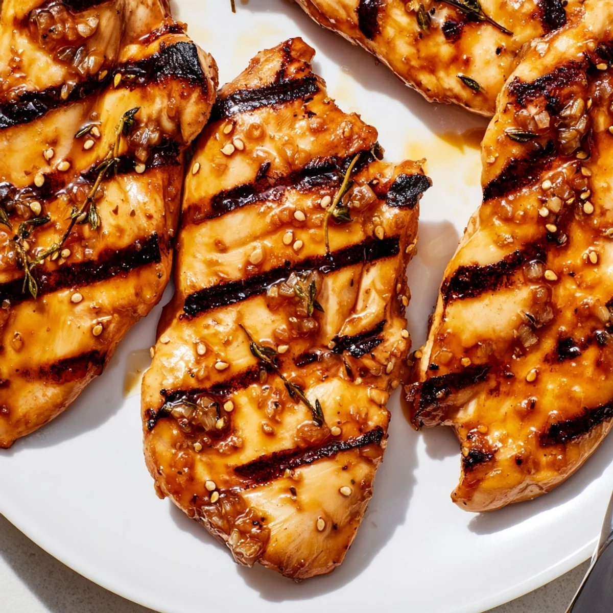 Golden grilled chicken glazed with sweet maple Dijon, showing bold char marks on a sunny patio plate.
