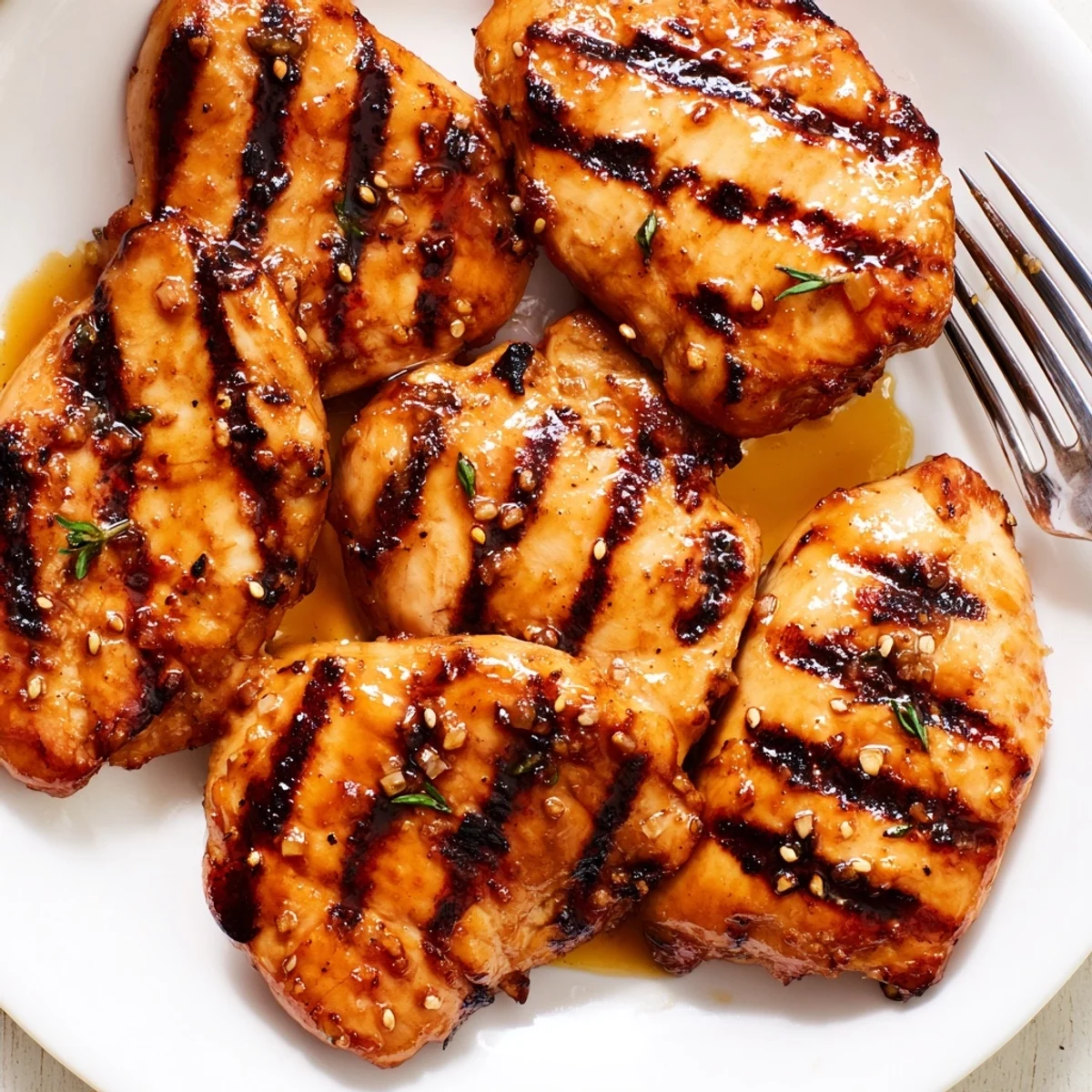 Juicy Maple Dijon Grilled Chicken sliced open, garnished with fresh thyme beside roasted summer vegetables.