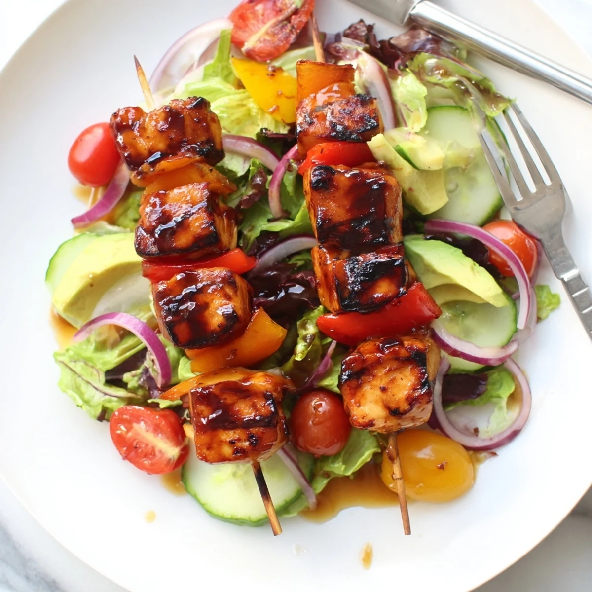 Smoky BBQ chicken skewers resting on crisp greens with colorful bell peppers