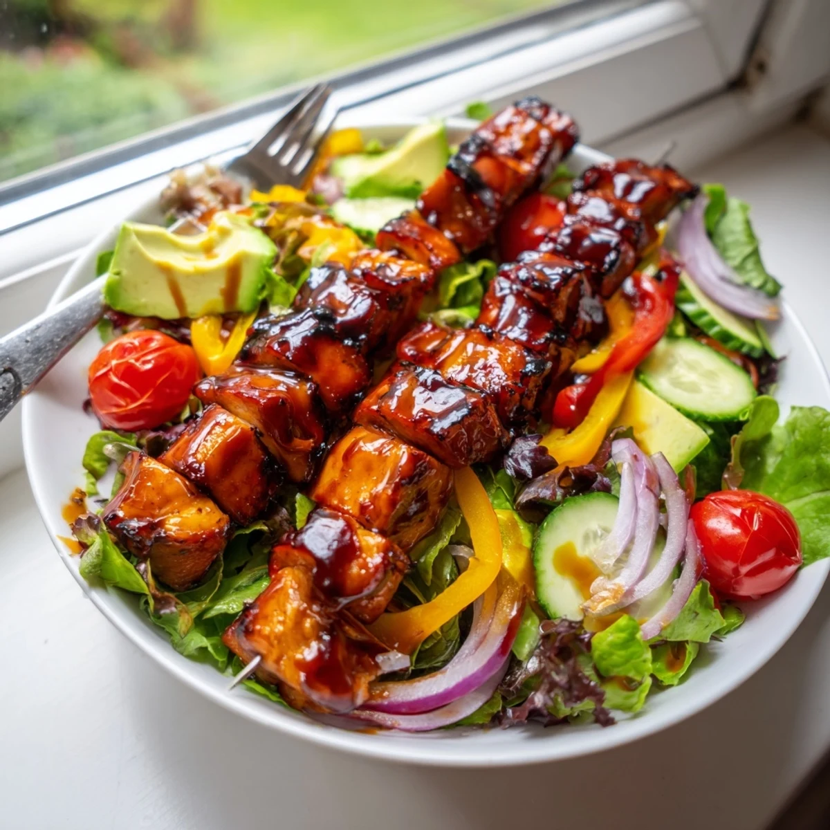 Juicy grilled BBQ chicken skewers atop a fresh summer salad with tomatoes