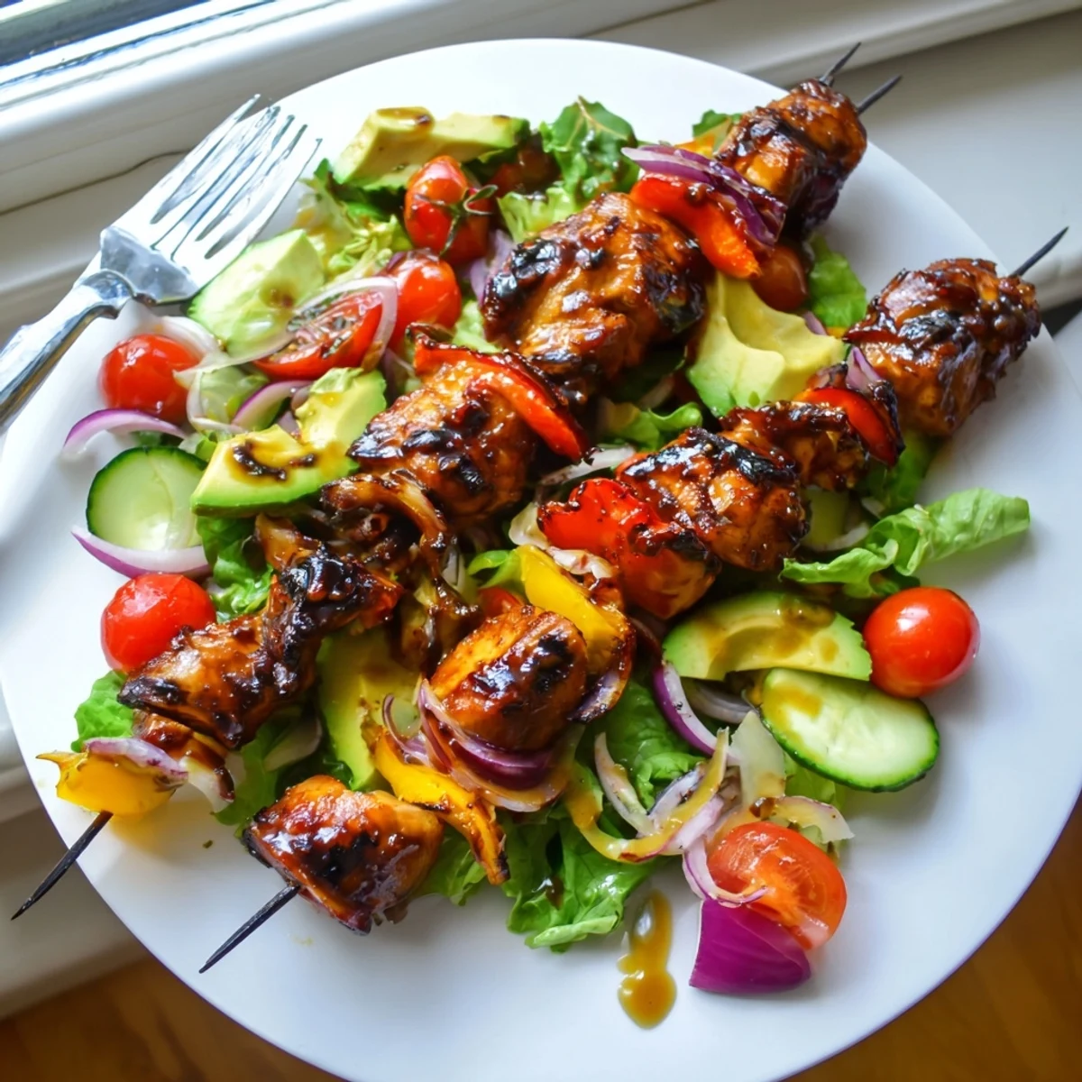 Charred BBQ chicken skewers served over vibrant mixed greens with creamy avocado