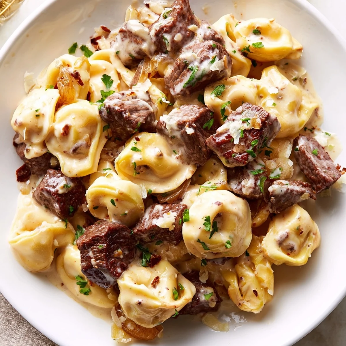 Skillet of garlic steak tortellini glistening under a velvety Parmesan cream coating