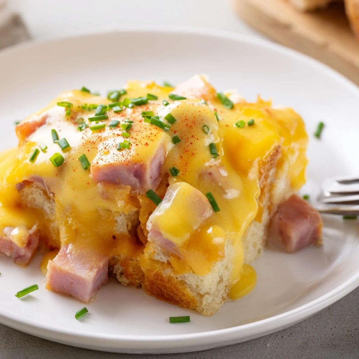 Golden slice of Eggs Benedict Casserole dripping with creamy hollandaise and fresh chives.