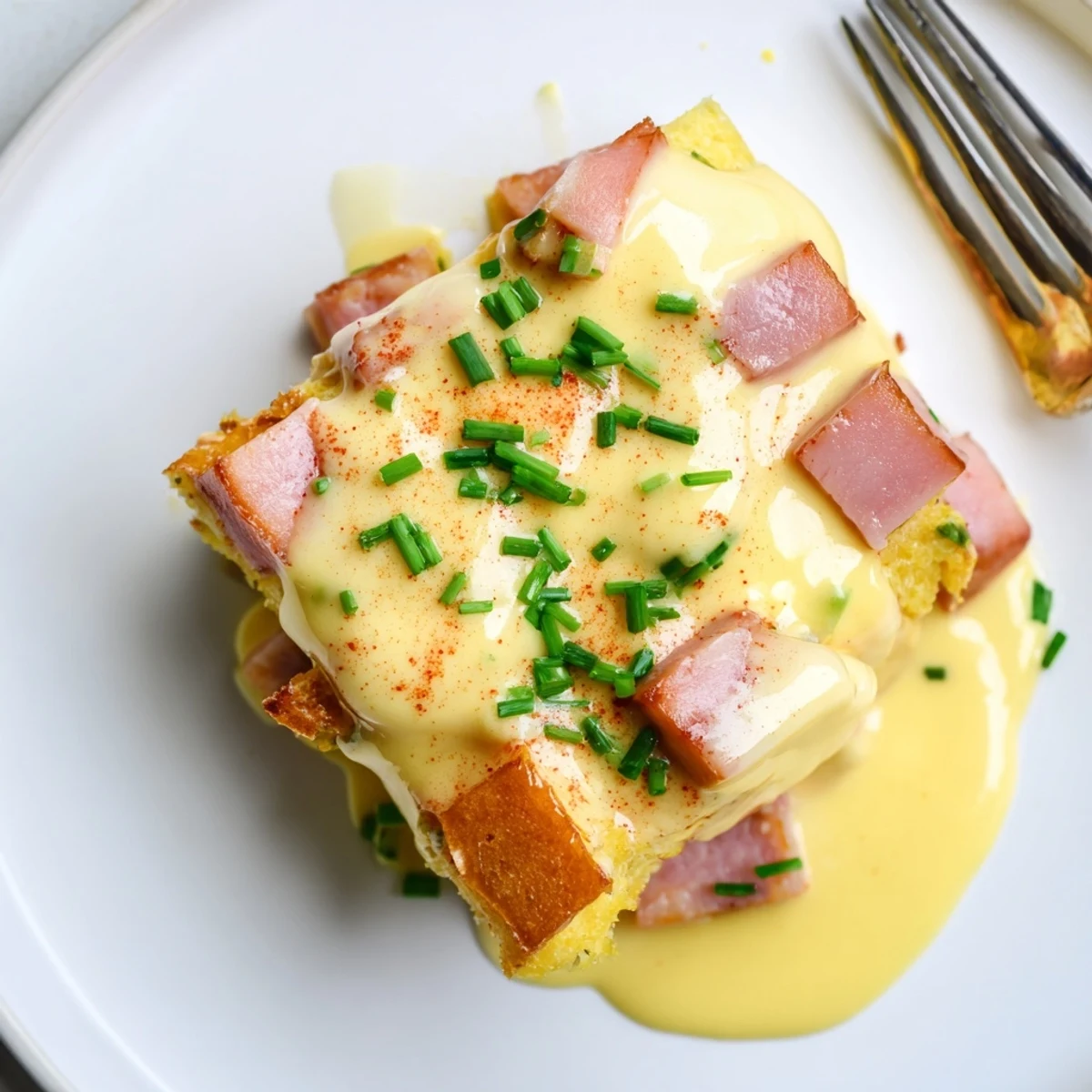Hearty breakfast plate of Eggs Benedict Casserole featuring baked eggs and buttery hollandaise.