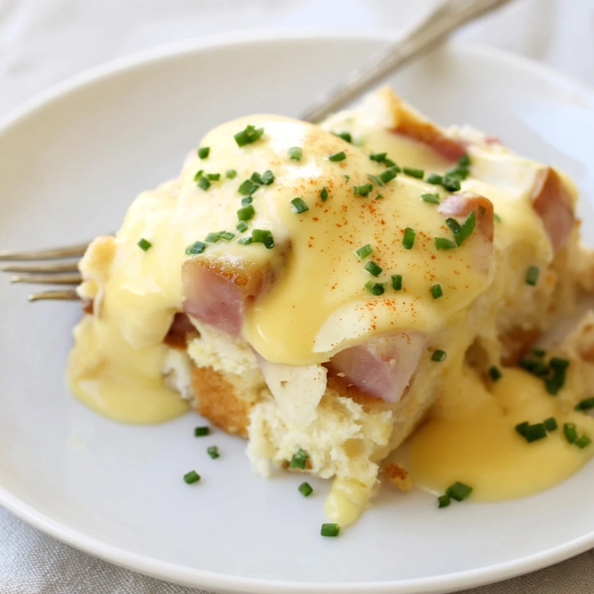 Steaming pan of Eggs Benedict Casserole topped with rich yellow hollandaise and paprika.