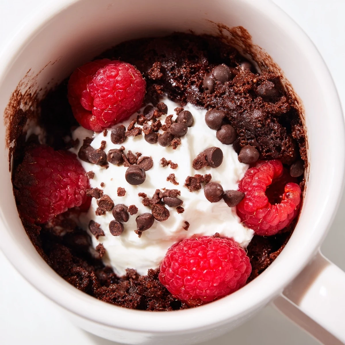 Warm gluten free chocolate mug cake topped with fluffy whipped cream and fresh raspberries