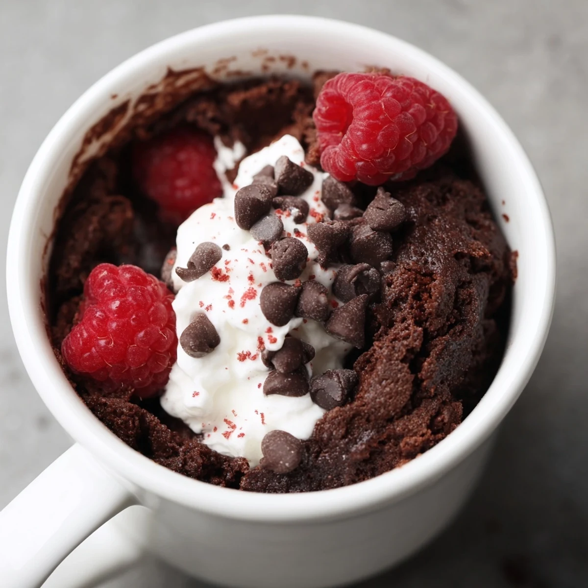 Moist gluten free chocolate mug cake fresh from the microwave dusted with powdered cocoa