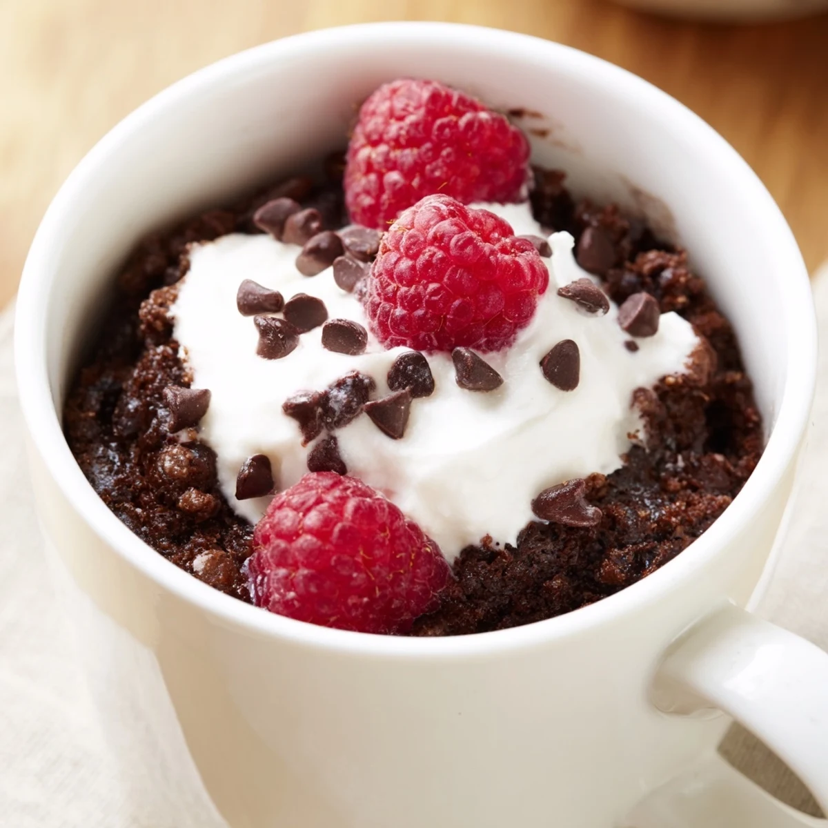 Rich gluten free chocolate mug cake melting with chocolate chips served in a rustic mug