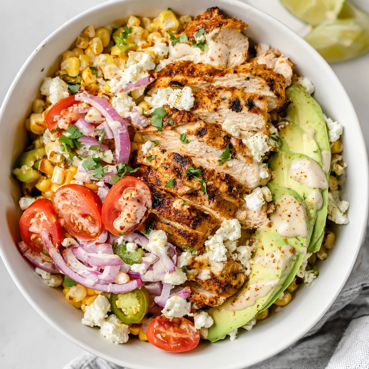 A vibrant bowl of High Protein Chicken Street Corn Salad featuring juicy grilled chicken