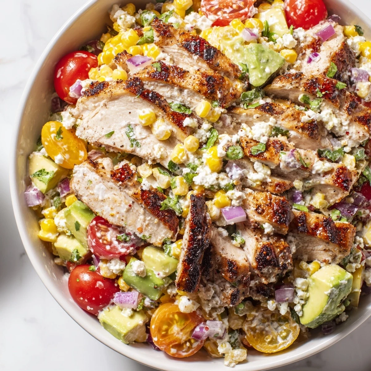 Close-up of High Protein Chicken Street Corn Salad garnished with crumbled cotija cheese