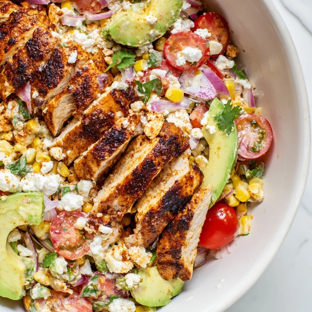 Hearty scoop of High Protein Chicken Street Corn Salad loaded with charred sweet corn