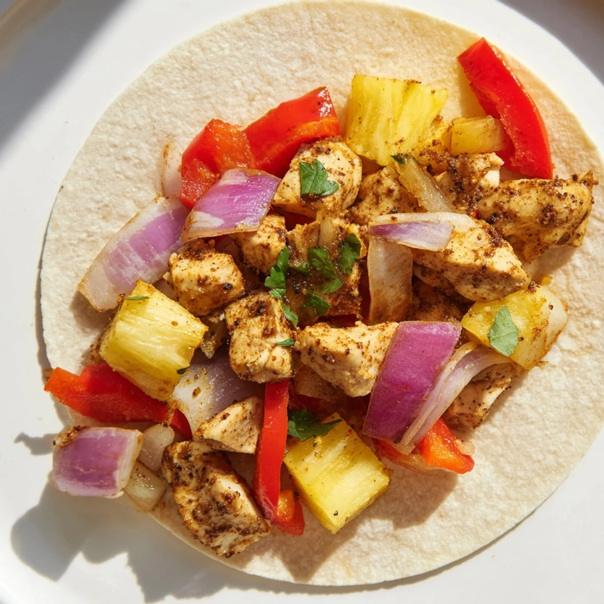 Golden one pan chicken and pineapple tacos topped with fresh avocado and cilantro  