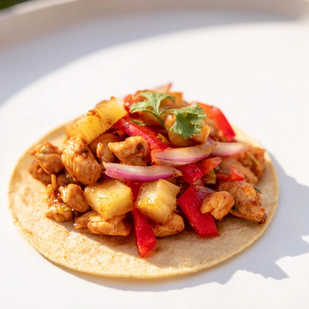 Delicious one pan chicken and pineapple tacos served with lime wedges and extra toppings