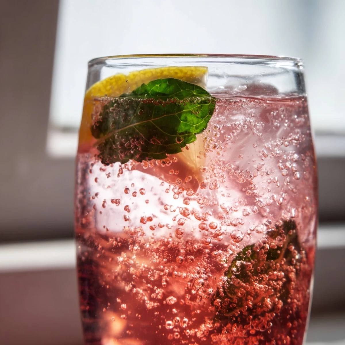 Garnished refreshing honey lemon pink soda with ice and fresh mint on a bright table  