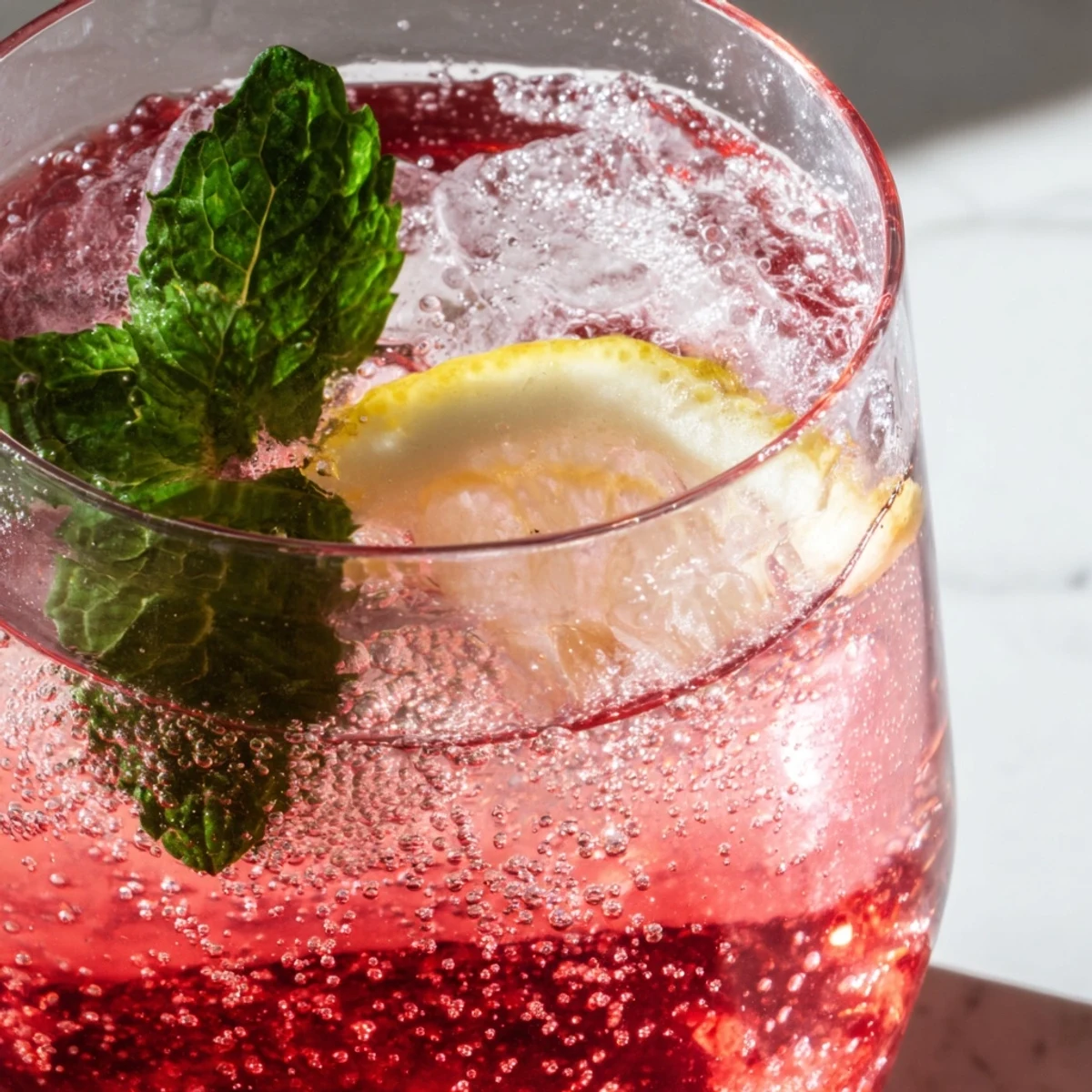 Vibrant refreshing honey lemon pink soda topped with mint and ice cubes for summer