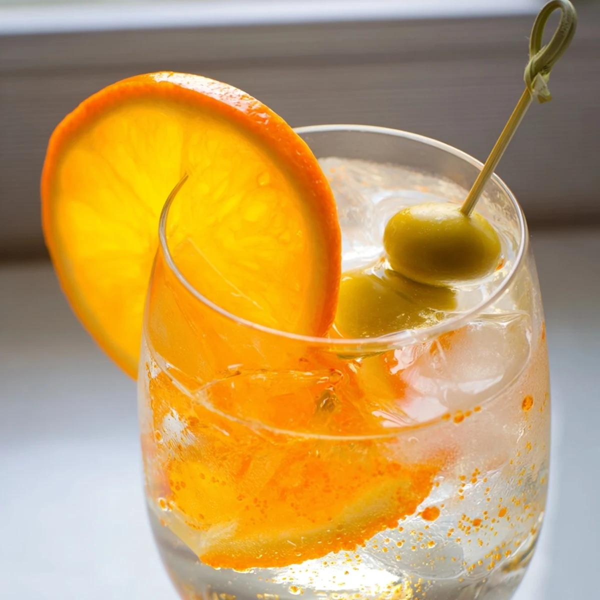 Vibrant orange Spritz cocktail with ice, garnished with a fresh orange slice.  