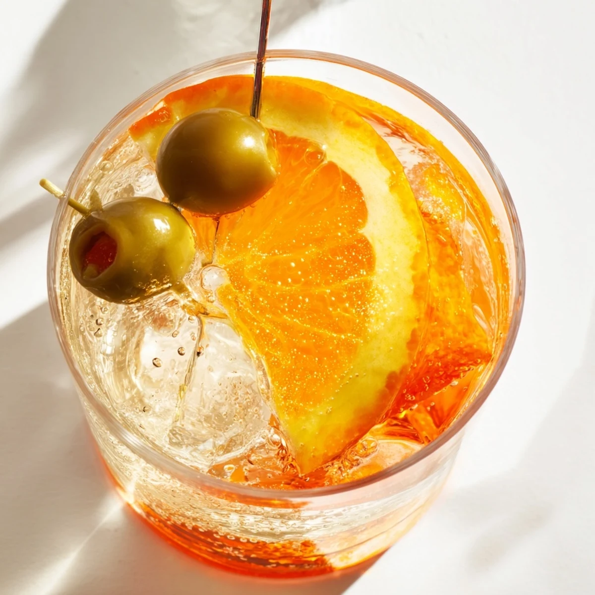Golden Spritz cocktail topped with sparkling soda and a zesty orange wheel.