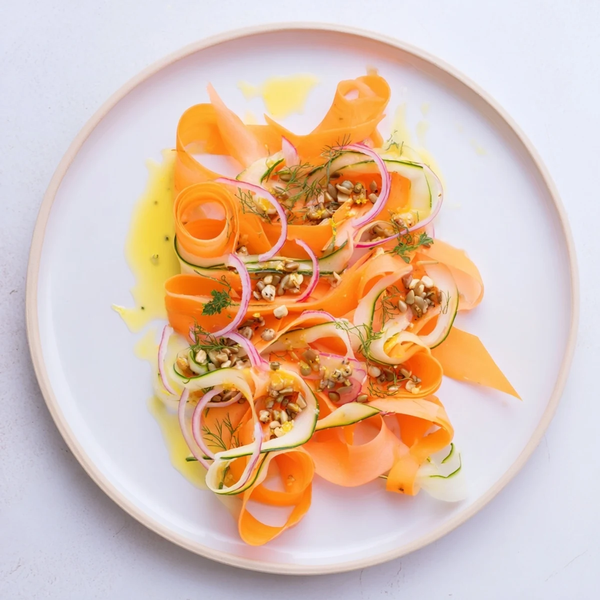 Fresh carrot ribbon salad tossed with zesty citrus dressing and parsley.  