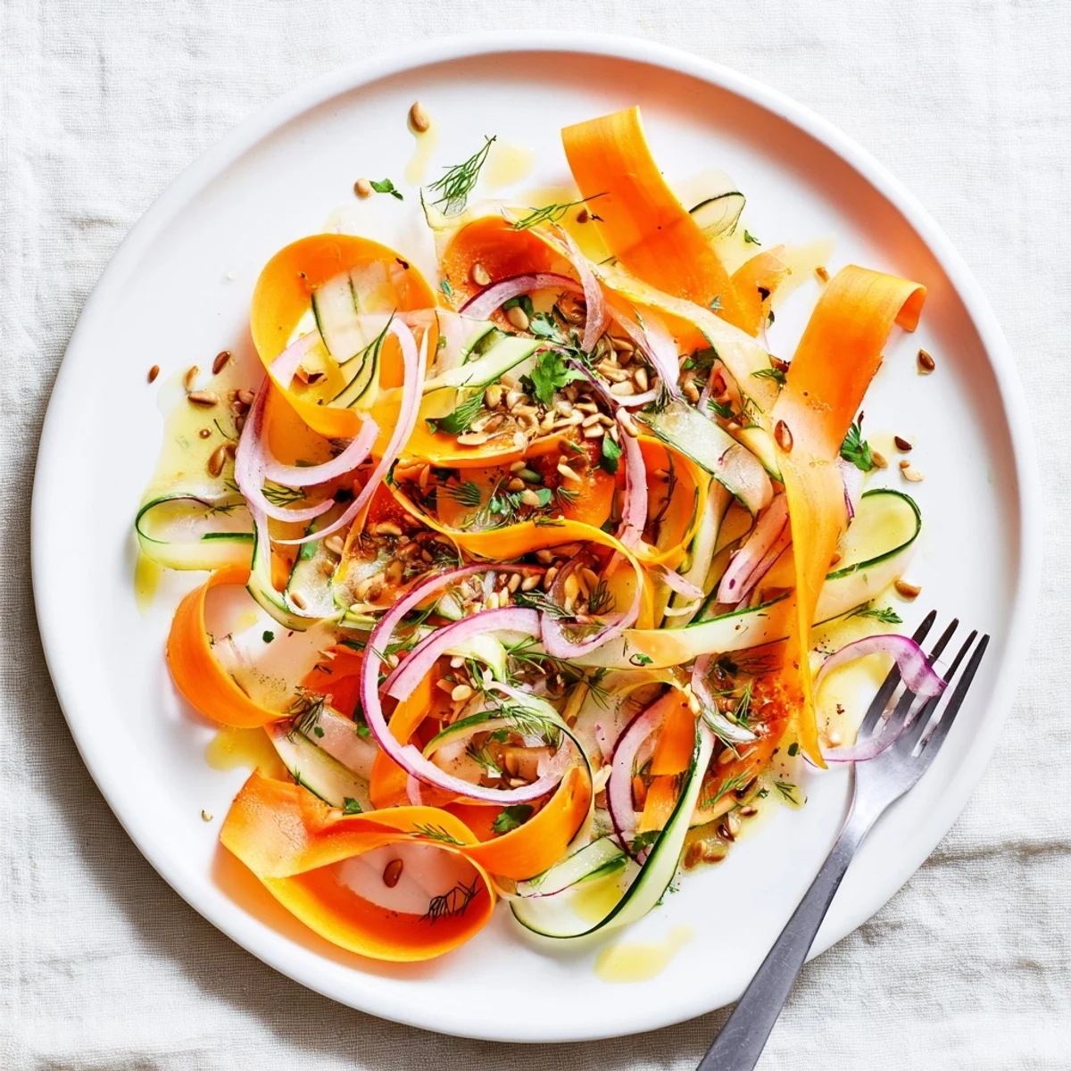 Vibrant carrot ribbon salad served on a platter with sunflower seed garnish.  