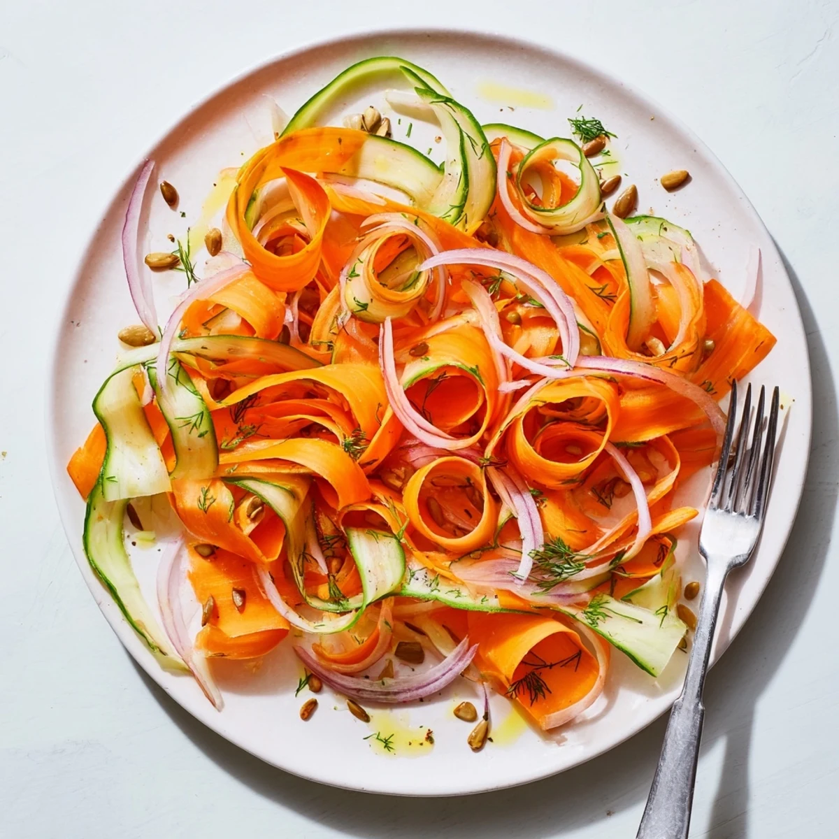 Thin carrot ribbons in a light citrus dressing with crisp cucumber slices.