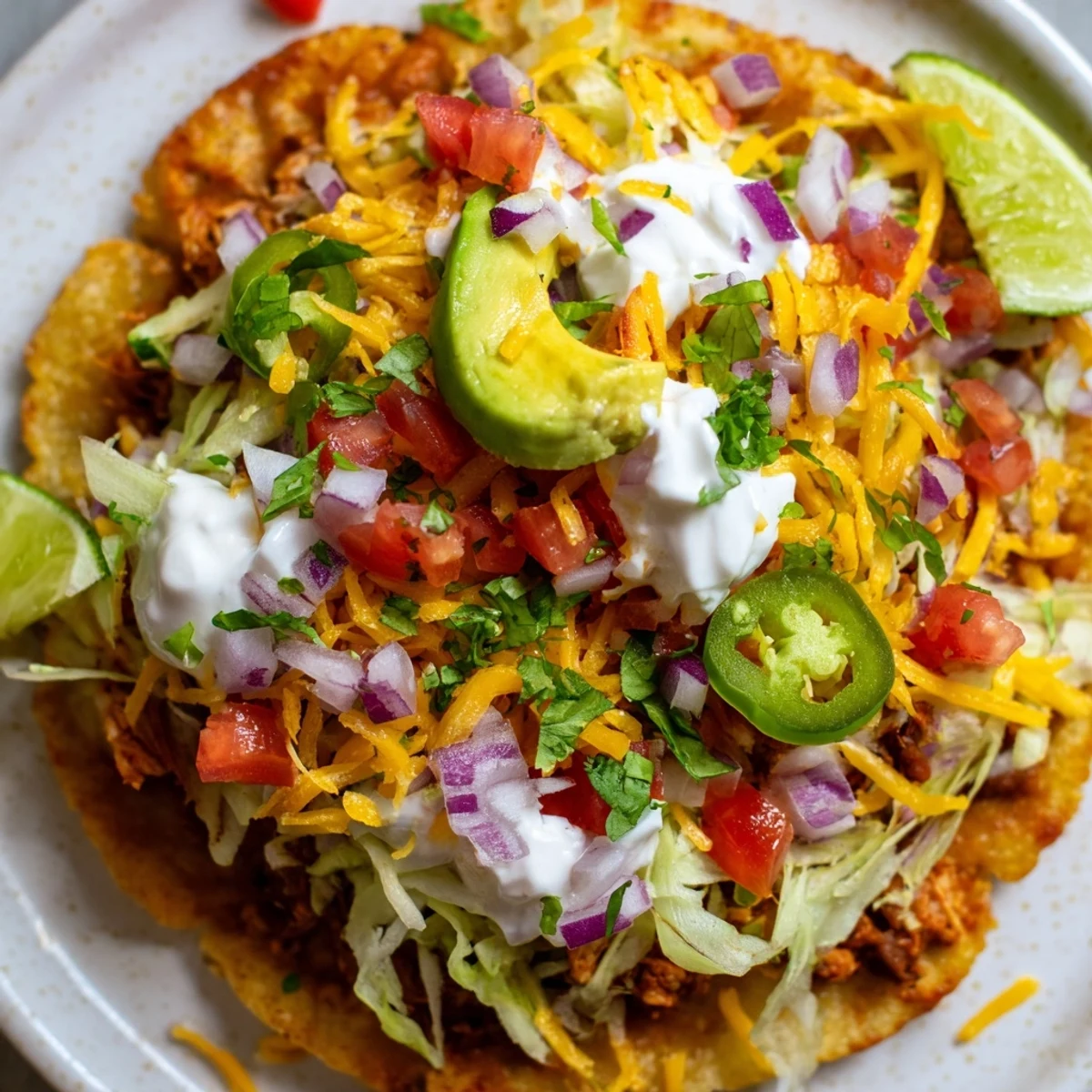 Golden crispy Chicken Tostadas piled high with fresh veggies and creamy toppings.  