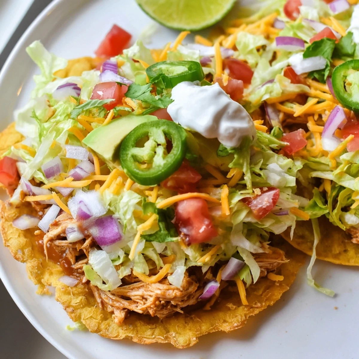 Flavorful shredded Chicken Tostadas topped with cheese, avocado, and crisp lettuce.  