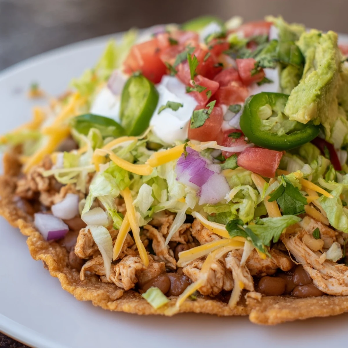Homemade Chicken Tostadas featuring spiced meat, refried beans, and vibrant garnishes.