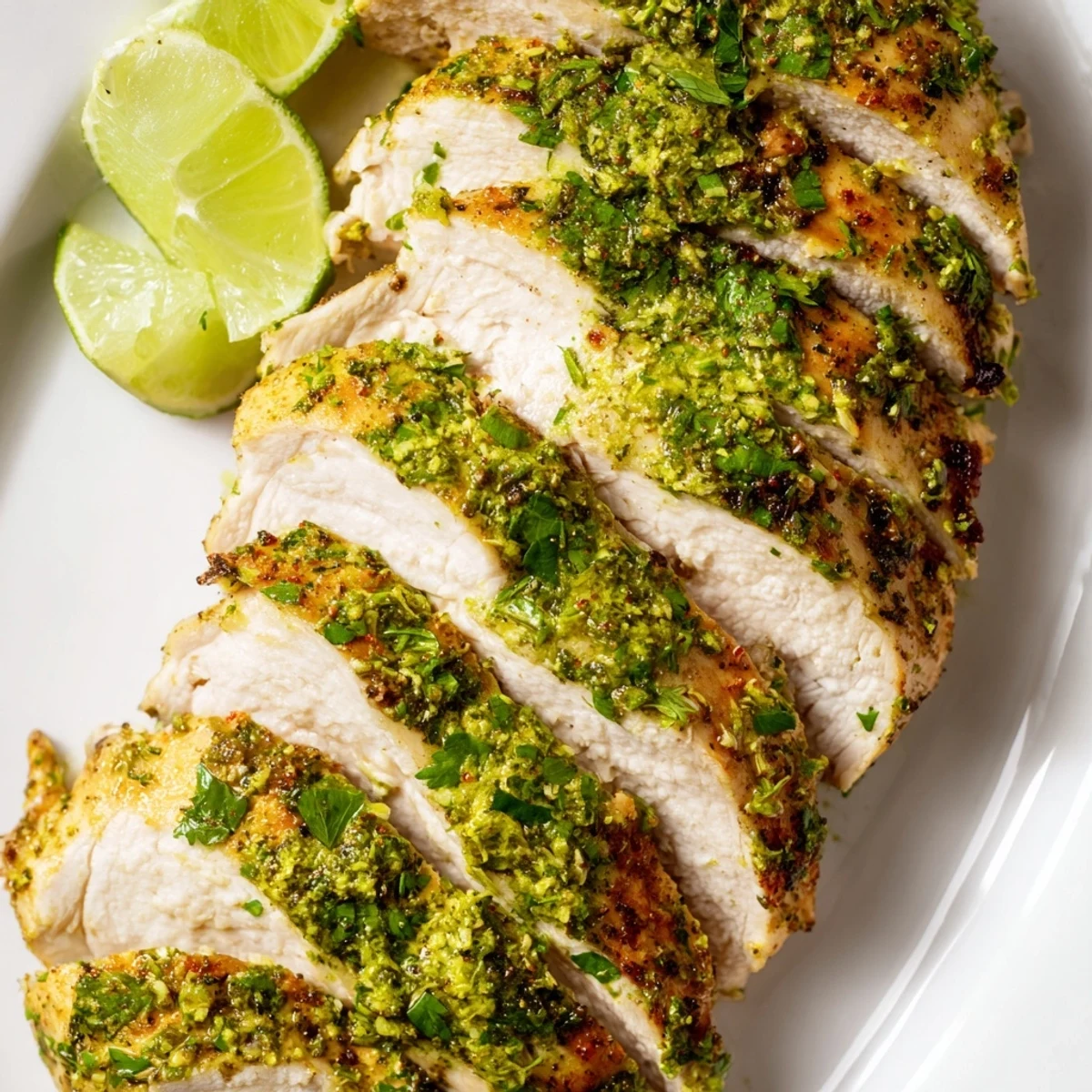 Golden grilled Cilantro Lime Chicken garnished with fresh herbs and lime wedges  