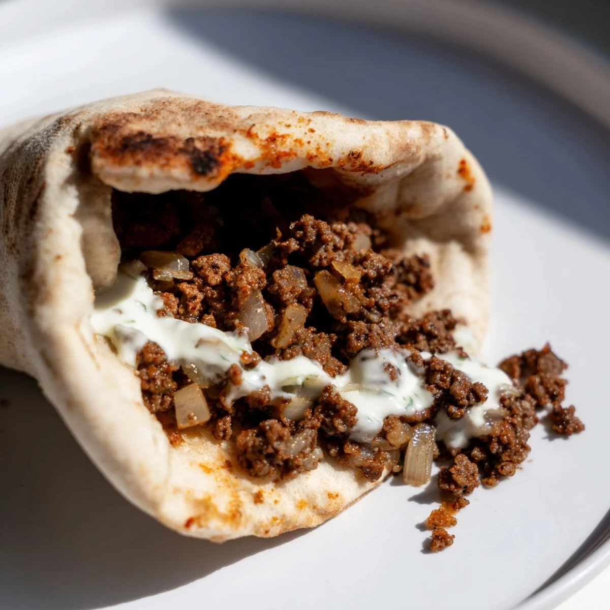 Golden seasoned beef stuffed in soft bread topped with tangy Mediterranean ground beef pita pockets sauce.  
