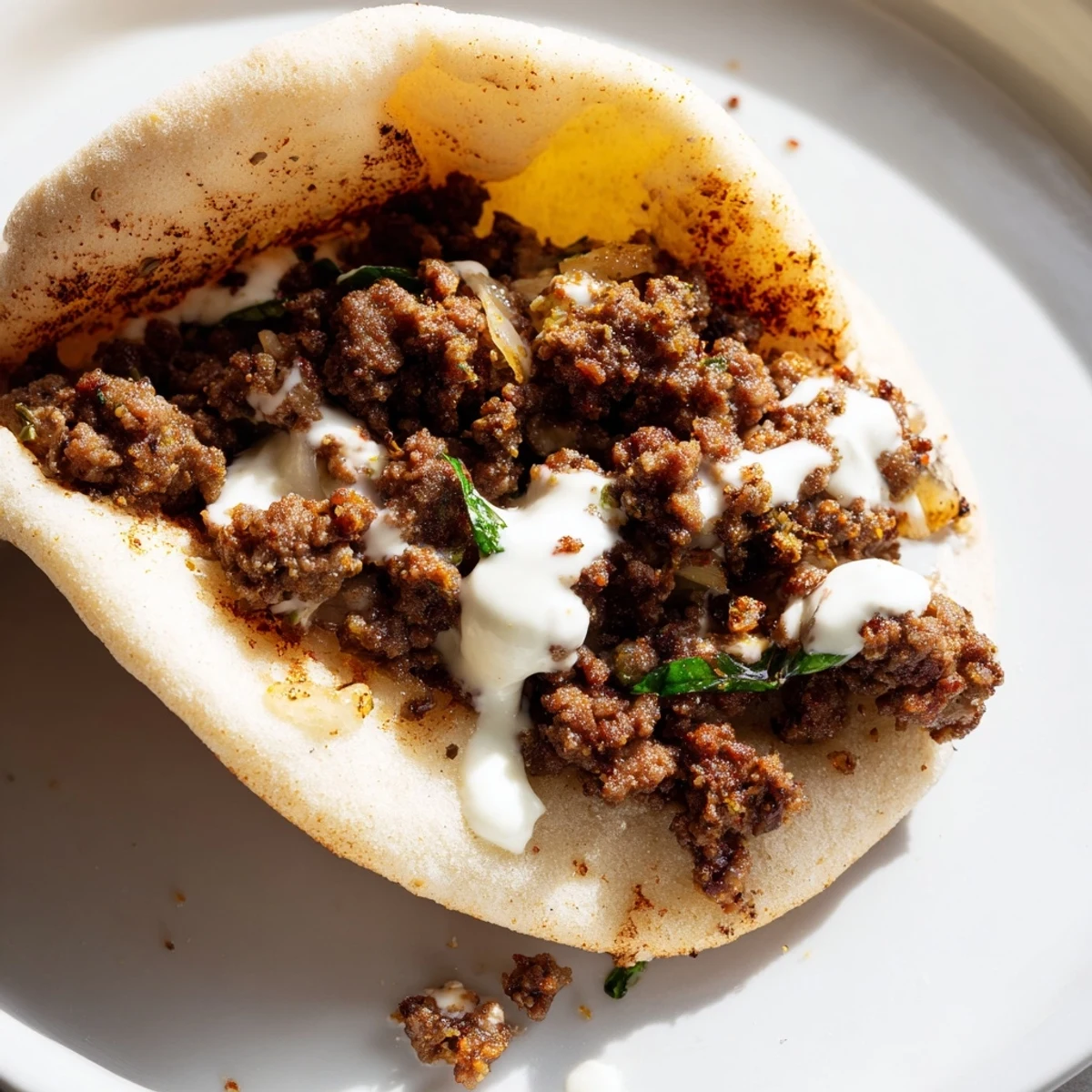 Delicious handheld meal featuring Mediterranean ground beef pita pockets with crisp lettuce and creamy yogurt drizzle.