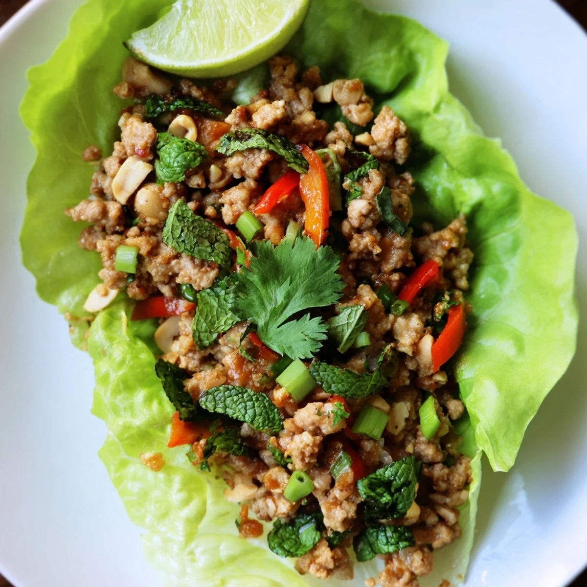 Savory Thai chicken lettuce wraps topped with fresh herbs and crunchy peanuts.  
